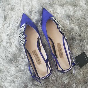 Zara Royal Blue Satin Rhinestone Flats NWT